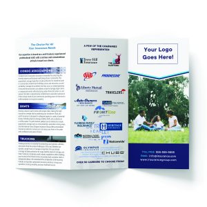 Trifold insurance brochure displaying coverage types, client benefits, and company logos