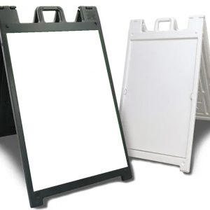 Black and white A-frame sidewalk signs with blank inserts for custom graphics