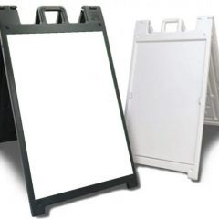 Black and white A-frame sidewalk signs with blank inserts for custom graphics