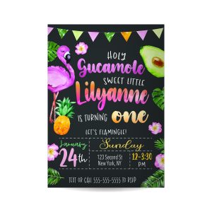 Colorful tropical first birthday invitation with flamingo, avocado, pineapple, and vibrant fonts