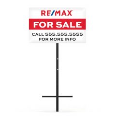 Rectangular real estate â€œFor Saleâ€ sign mounted on a black T-bar metal stake, displayed on a white background.