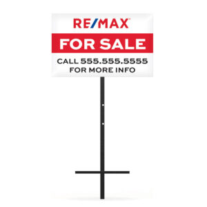 Rectangular real estate â€œFor Saleâ€ sign mounted on a black T-bar metal stake, displayed on a white background.