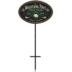 Oval Whispering Pines Golf Club sign mounted on a black T-bar metal post, displayed on a white background.
