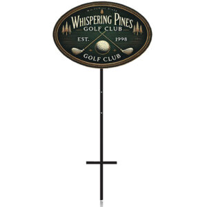 Oval Whispering Pines Golf Club sign mounted on a black T-bar metal post, displayed on a white background.