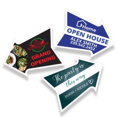 Custom printed directional arrow signs for events, real estate open houses, and business promotions â€” durable and fully customizable.